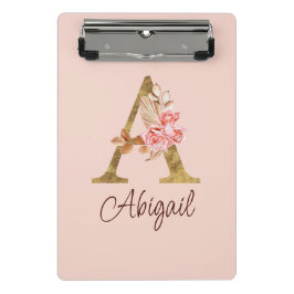 オーダーメイド 名前 ゴールド箔 バラ ピンク イニシャル A ミニクリップボード