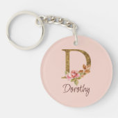 オーダーメイド 名前 ゴールド箔 バラ ピンク イニシャル D キーホルダー (正面)