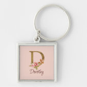 オーダーメイド 名前 ゴールド箔 バラ ピンク ブッシュ レター D キーホルダー (正面)
