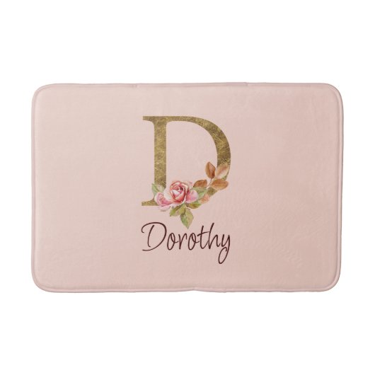 オーダーメイド 名前 ゴールド箔 バラ ピンク ブッシュ レター D バスマット (正面)