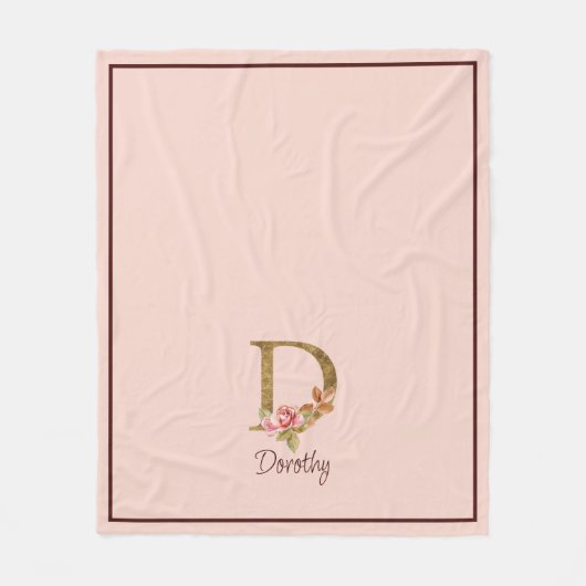 オーダーメイド 名前 ゴールド箔 バラ ピンク ブッシュ レター D フリースブランケット (正面)