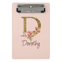 オーダーメイド 名前 ゴールド箔 バラ ピンク ブッシュ レター D ミニクリップボード
