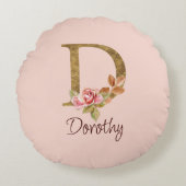 オーダーメイド 名前 ゴールド箔 バラ ピンク ブッシュ レター D ラウンドクッション (正面)