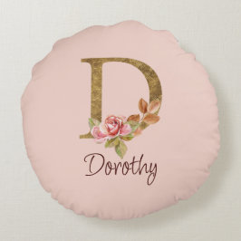 オーダーメイド 名前 ゴールド箔 バラ ピンク ブッシュ レター D ラウンドクッション