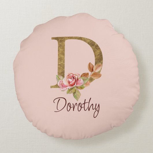 オーダーメイド 名前 ゴールド箔 バラ ピンク ブッシュ レター D ラウンドクッション (裏面)