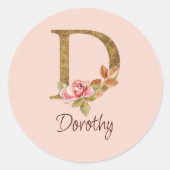 オーダーメイド 名前 ゴールド箔 バラ ピンク ブッシュ レター D ラウンドシール (正面)