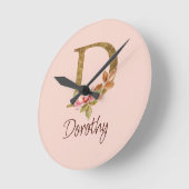 オーダーメイド 名前 ゴールド箔 バラ ピンク ブッシュ レター D ラウンド壁時計 (傾斜)