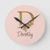 オーダーメイド 名前 ゴールド箔 バラ ピンク ブッシュ レター D ラウンド壁時計 (正面)