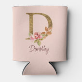 オーダーメイド 名前 ゴールド箔 バラ ピンク ブッシュ レター D 缶クーラー (正面)