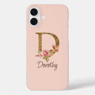 オーダーメイド 名前 ゴールド箔 バラ ピンク ブッシュ レター D iPhone 16 PLUSケース