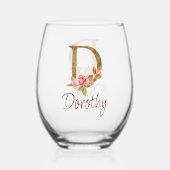 オーダーメイド 名前 ゴールド箔 バラ ピンク ブルッシュ レター D ステムなしワイングラス (正面)