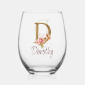 オーダーメイド 名前 ゴールド箔 バラ ピンク ブルッシュ レター D ステムなしワイングラス (裏面)