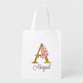 オーダーメイド 名前 ゴールド箔 バラ ピンク レター A エコバッグ