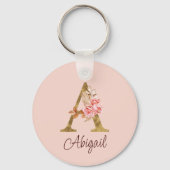 オーダーメイド 名前 ゴールド箔 バラ ピンク レター A キーホルダー (正面)