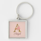 オーダーメイド 名前 ゴールド箔 バラ ピンク レター A キーホルダー (正面)