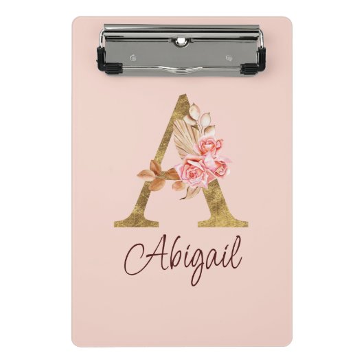 オーダーメイド 名前 ゴールド箔 バラ ピンク レター A ミニクリップボード (正面)