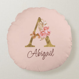 オーダーメイド 名前 ゴールド箔 バラ ピンク レター A ラウンドクッション