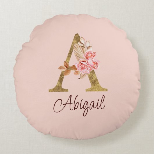 オーダーメイド 名前 ゴールド箔 バラ ピンク レター A ラウンドクッション (正面)