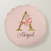 オーダーメイド 名前 ゴールド箔 バラ ピンク レター A ラウンドクッション (裏面)