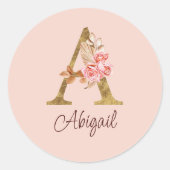 オーダーメイド 名前 ゴールド箔 バラ ピンク レター A ラウンドシール (正面)