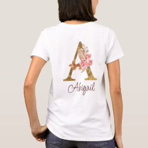 オーダーメイド 名前 ゴールド箔 バラ ピンク レター A Tシャツ