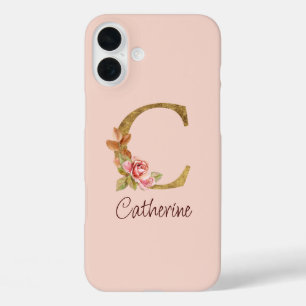 オーダーメイド 名前 ゴールド箔 バラ ピンク レター C iPhone 16 PLUSケース