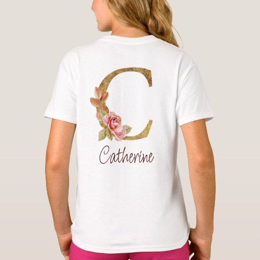 オーダーメイド 名前 ゴールド箔 バラ ピンク レター C Tシャツ (裏面)