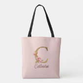 オーダーメイド 名前 レター C ゴールド箔 バラ色のピンクのバラ トートバッグ (裏面)
