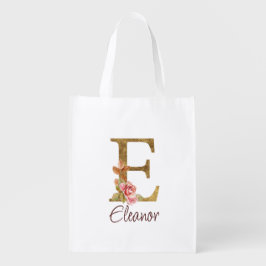オーダーメイド 名前 レター E ゴールド フォイル ブラッシュ ピンク ローズ エコバッグ