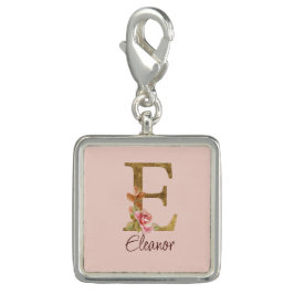 オーダーメイド 名前 レター E ゴールド フォイル ブラッシュ ピンク ローズ チャーム