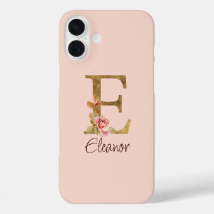 オーダーメイド 名前 レター E ゴールド フォイル ブラッシュ ピンク ローズ iPhone 16 PLUSケース