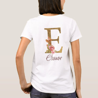 オーダーメイド 名前 レター E ゴールド フォイル ブラッシュ ピンク ローズ Tシャツ