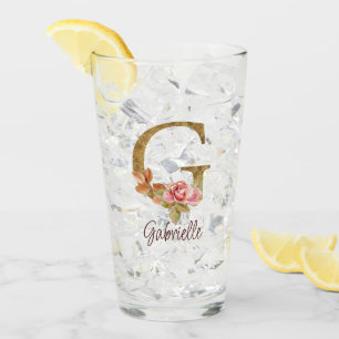 オーダーメイド 名前 レター G ゴールド箔 バラ色の薔薇 タンブラーグラス