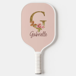 オーダーメイド 名前 レター G ゴールド箔 バラ色の薔薇 ピックルボールラケット