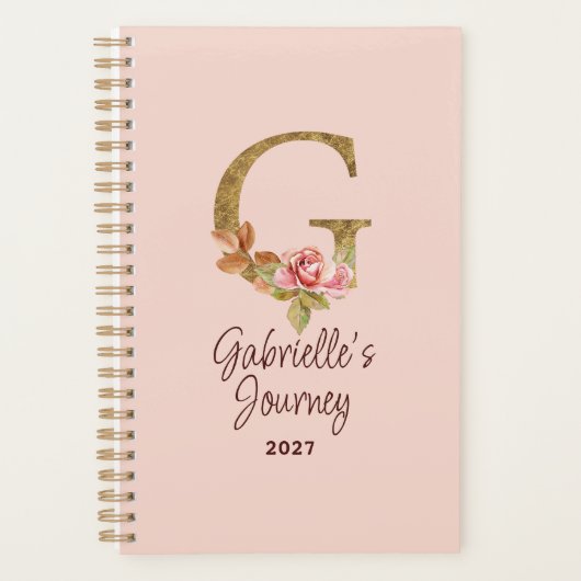 オーダーメイド 名前 レター G ゴールド箔 バラ色の薔薇 プランナー手帳 (正面)