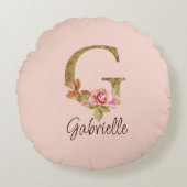 オーダーメイド 名前 レター G ゴールド箔 バラ色の薔薇 ラウンドクッション (正面)