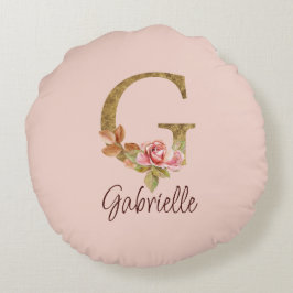 オーダーメイド 名前 レター G ゴールド箔 バラ色の薔薇 ラウンドクッション