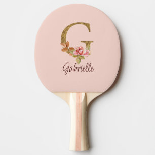 オーダーメイド 名前 レター G ゴールド箔 バラ色の薔薇 卓球ラケット