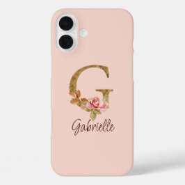 オーダーメイド 名前 レター G ゴールド箔 バラ色の薔薇 iPhone 16 PLUSケース