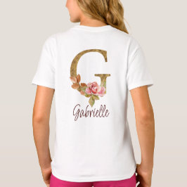 オーダーメイド 名前 レター G ゴールド箔 バラ色の頬紅 ピンクのバラ Tシャツ