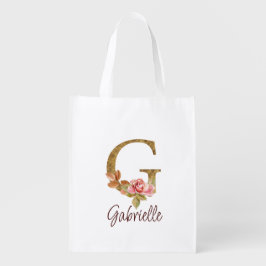 オーダーメイド 名前 レター G ゴールド フォイル ブッシュ ピンク ローズ エコバッグ