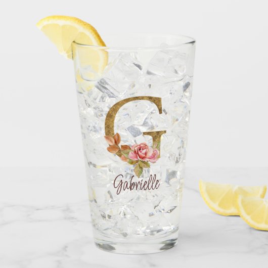 オーダーメイド 名前 レター G ゴールド フォイル ブッシュ ピンク ローズ タンブラーグラス (アイス正面)