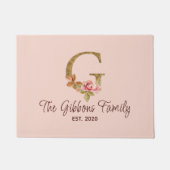 オーダーメイド 名前 レター G ゴールド フォイル ブラッシュ ピンク ローズ ドアマット (正面)