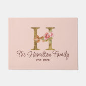 オーダーメイド 名前 レター H ゴールド フォイル ブラッシュ ピンク ローズ ドアマット (正面)