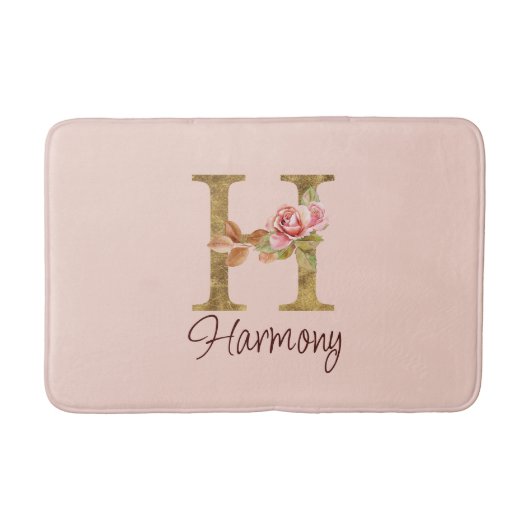 オーダーメイド 名前 レター H ゴールド フォイル ブラッシュ ピンク ローズ バスマット (正面)