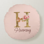 オーダーメイド 名前 レター H ゴールド フォイル ブラッシュ ピンク ローズ ラウンドクッション (正面)
