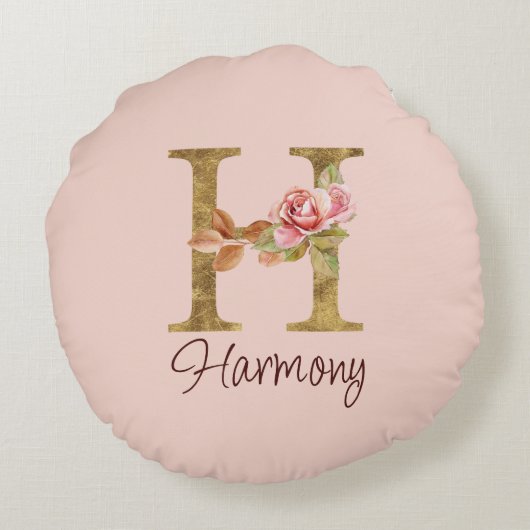 オーダーメイド 名前 レター H ゴールド フォイル ブラッシュ ピンク ローズ ラウンドクッション (裏面)