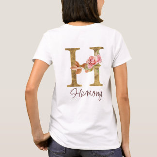 オーダーメイド 名前 レター H ゴールド フォイル ブラッシュ ピンク ローズ Tシャツ