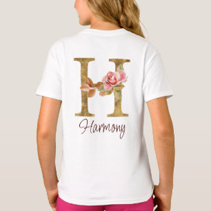 オーダーメイド 名前 レター H ゴールド フォイル ブラッシュ ピンク ローズ Tシャツ
