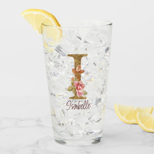 オーダーメイド 名前 レター I ゴールド フォイル ブラッシュ ピンク ローズ タンブラーグラス (アイス正面)